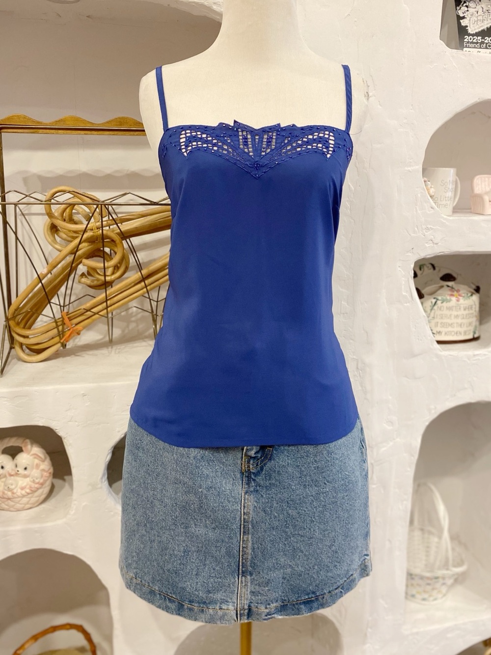 Vintage Cobalt Blue Cami with Art Deco Cut Outs & Beading Made in Hong Kong